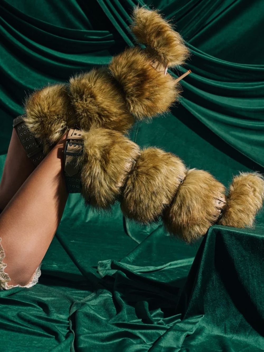 AKIRA Olive Faux Fur Strappy Knee-High Sandals